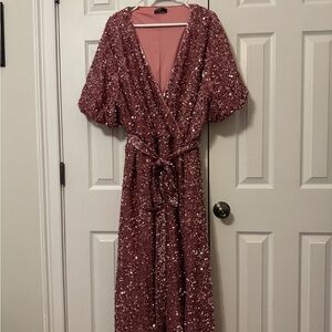 Elegant Sequin Faux Wrap Dress in Pink, 4xl
